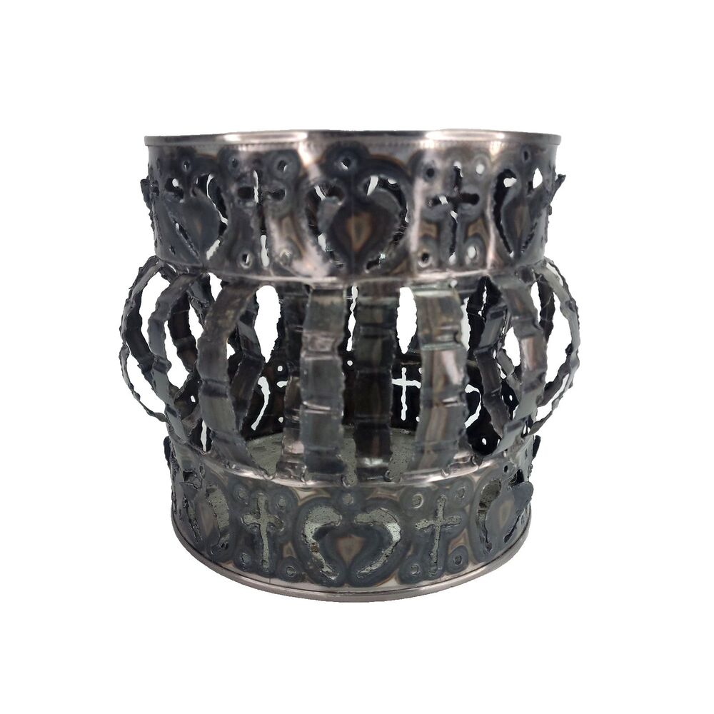 VTG Tin Can Luminary Candle Holder‎ 6" Metal Folk Tramp Art Heart Cross OOAK